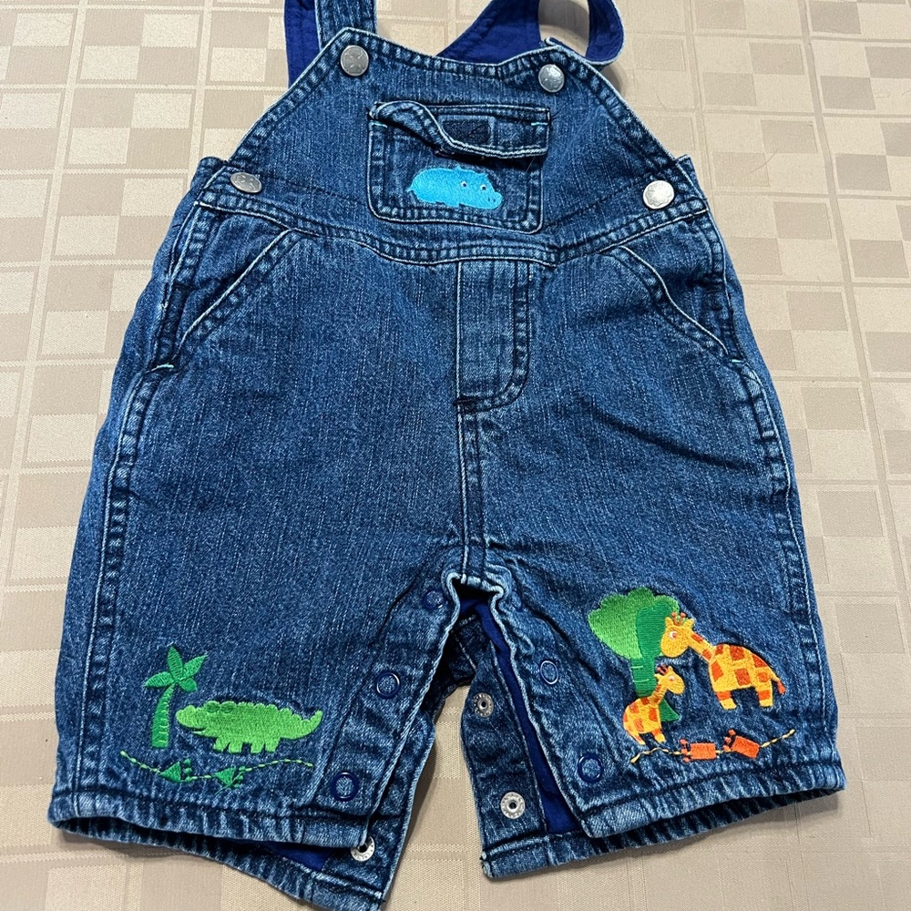 Oshkosh Bgosh Blue Denim Bib Overalls Snaps Lined 0 /3 Months Animals VTG Unisex